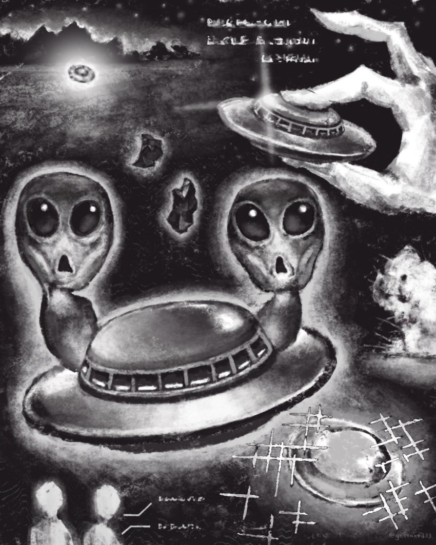2others alien commentary explosion flying_saucer frown gestart333 grey_alien greyscale highres holding monochrome mountain multiple_others open_mouth original other_focus spacecraft