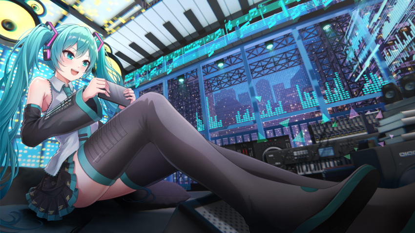 1girl 2raining :d absurdres aqua_eyes aqua_hair aqua_necktie bare_shoulders beamed_eighth_notes beamed_sixteenth_notes black_footwear black_skirt black_sleeves book book_stack boots cellphone collared_shirt detached_sleeves from_below full_body graphic_equalizer grey_shirt hatsune_miku headphones highres holding holding_phone indoors instrument knees_up long_hair long_sleeves looking_at_phone miniskirt musical_note necktie on_ground phone piano_keys playing_games pleated_skirt project_sekai quarter_note quarter_rest screen sharp_sign shirt sitting sixteenth_rest skirt sleeveless sleeveless_shirt smartphone smile solo speaker staff_(music) synthesizer teeth thigh_boots truss twintails upper_teeth_only very_long_hair vocaloid whole_rest