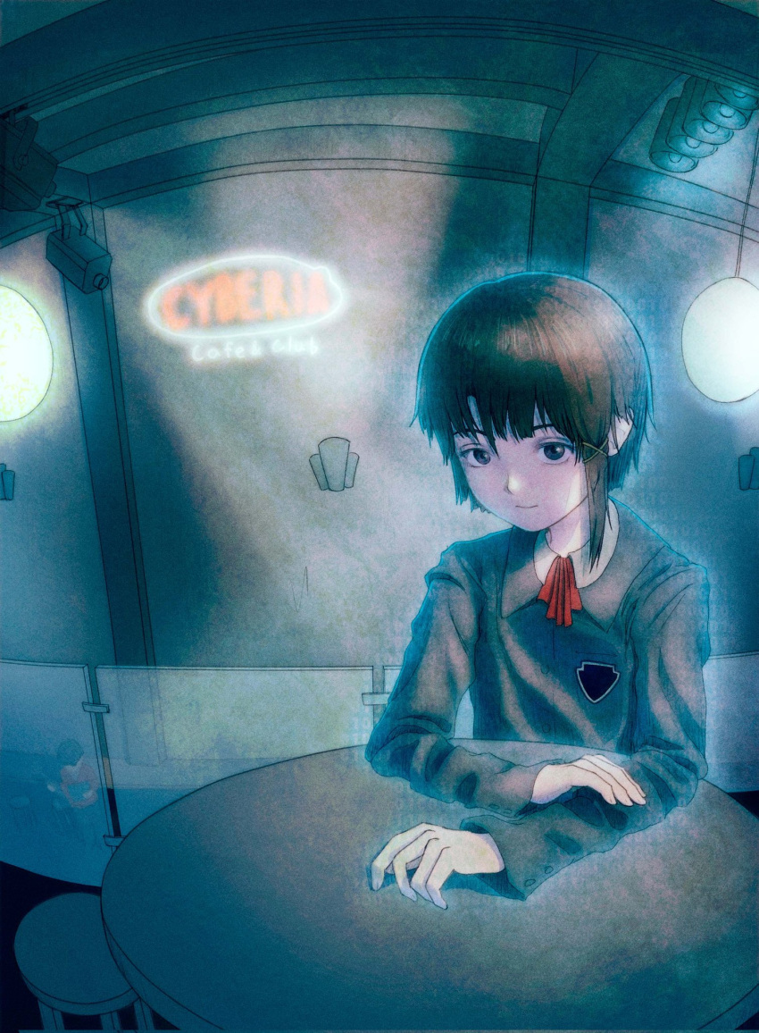 1girl asymmetrical_hair blazer brown_eyes brown_hair hair_ornament hairclip hands_on_table highres iwakura_lain jacket light_smile long_sleeves looking_at_viewer neck_ribbon neon_lights nods red_ribbon ribbon round_table school_uniform serial_experiments_lain short_hair single_sidelock sitting table tagme x_hair_ornament