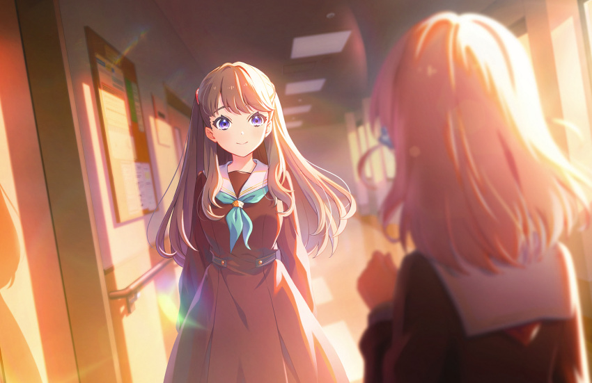 2girls aqua_neckerchief arms_at_sides blurry blurry_background blurry_foreground breasts brown_dress brown_hair bulletin_board closed_mouth dress dutch_angle facing_another facing_away fujishima_megumi game_cg hair_ornament hallway hasu_no_sora_school_uniform highres hinoshita_kaho in-universe_location indoors large_breasts lens_flare link!_like!_love_live! long_hair long_sleeves looking_at_another love_live! medium_hair multiple_girls neckerchief official_art orange_hair pleated_dress rabbit_hair_ornament red_neckerchief sailor_collar sailor_dress school_uniform smile solo_focus third-party_source two_side_up violet_eyes virtual_youtuber white_sailor_collar window winter_uniform