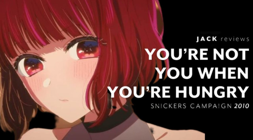 1girl 2010 arima_kana artist_request black_background black_choker check_artist choker close-up closed_mouth commentary english_commentary english_text joysamalaugh light_blush looking_at_viewer non-web_source oshi_no_ko red_eyes redhead self-upload short_hair simple_background snickers_(brand) solo third-party_edit