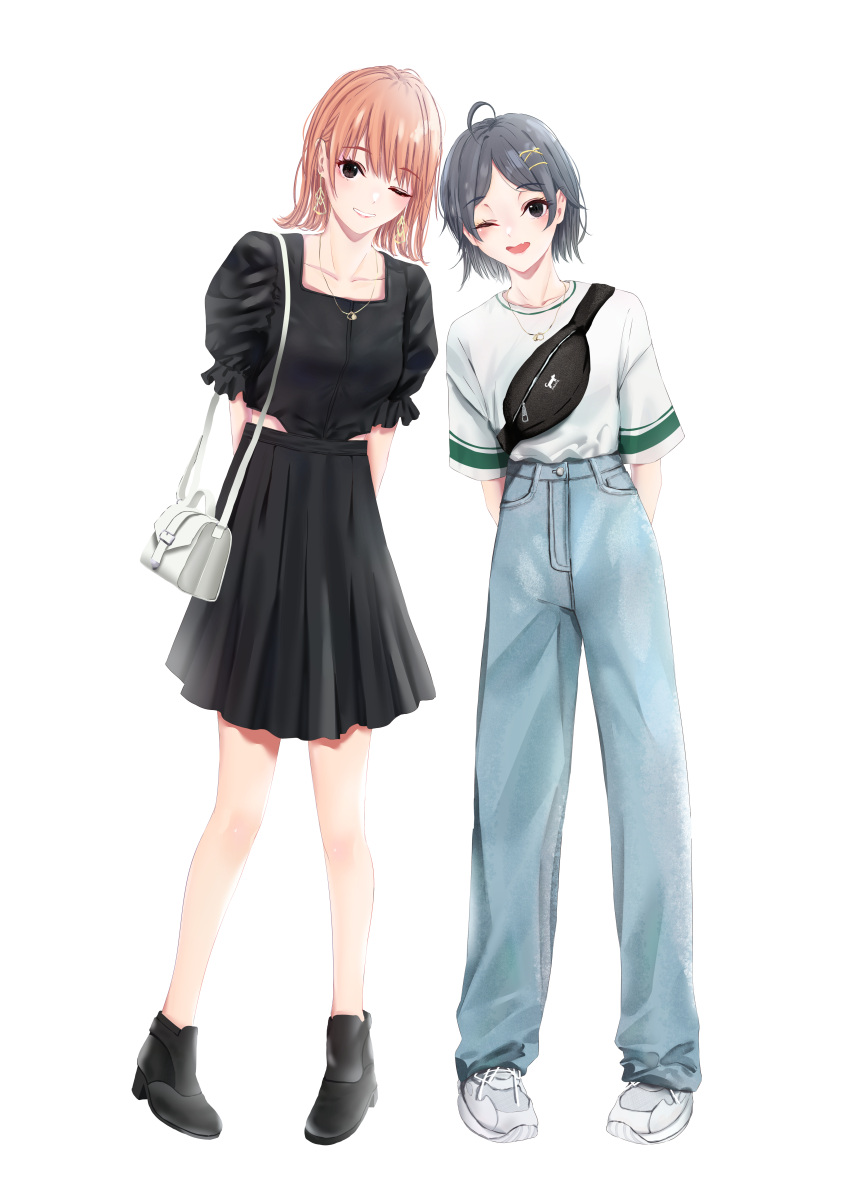2girls ;) ;d absurdres arms_behind_back bag black_bag black_dress black_eyes black_footwear black_hair blonde_hair collarbone denim dress earrings fang fanny_pack full_body hair_ornament hairclip hayase_illusut highres hikigaya_komachi isshiki_iroha jeans jewelry leaning_to_the_side looking_at_viewer medium_hair multiple_girls necklace one_eye_closed pants shirt shoes short_hair shoulder_bag skin_fang smile sneakers waist_cutout white_bag white_footwear white_shirt x_hair_ornament yahari_ore_no_seishun_lovecome_wa_machigatteiru.