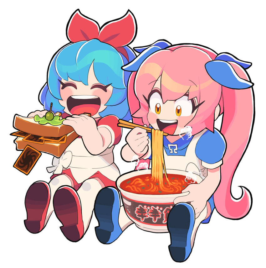2girls ^_^ apron between_legs blue_bow blue_dress blue_footwear blue_hair blush bow bow_hairband chibi chopsticks closed_eyes commentary_request dress eating food gashi-gashi hair_bow hairband highres holding holding_chopsticks holding_food long_hair looking_at_food multiple_girls multiple_hair_bows noodles omega_rei omega_rio omega_sisters open_mouth outstretched_legs pink_hair puffy_short_sleeves puffy_sleeves ramen red_bow red_footwear red_shirt red_shorts sandwich shirt shoes short_dress short_hair short_sleeves shorts side-by-side simple_background smile steam thigh-highs trading_card twintails virtual_youtuber white_apron white_background white_thighhighs yellow_eyes yu-gi-oh!