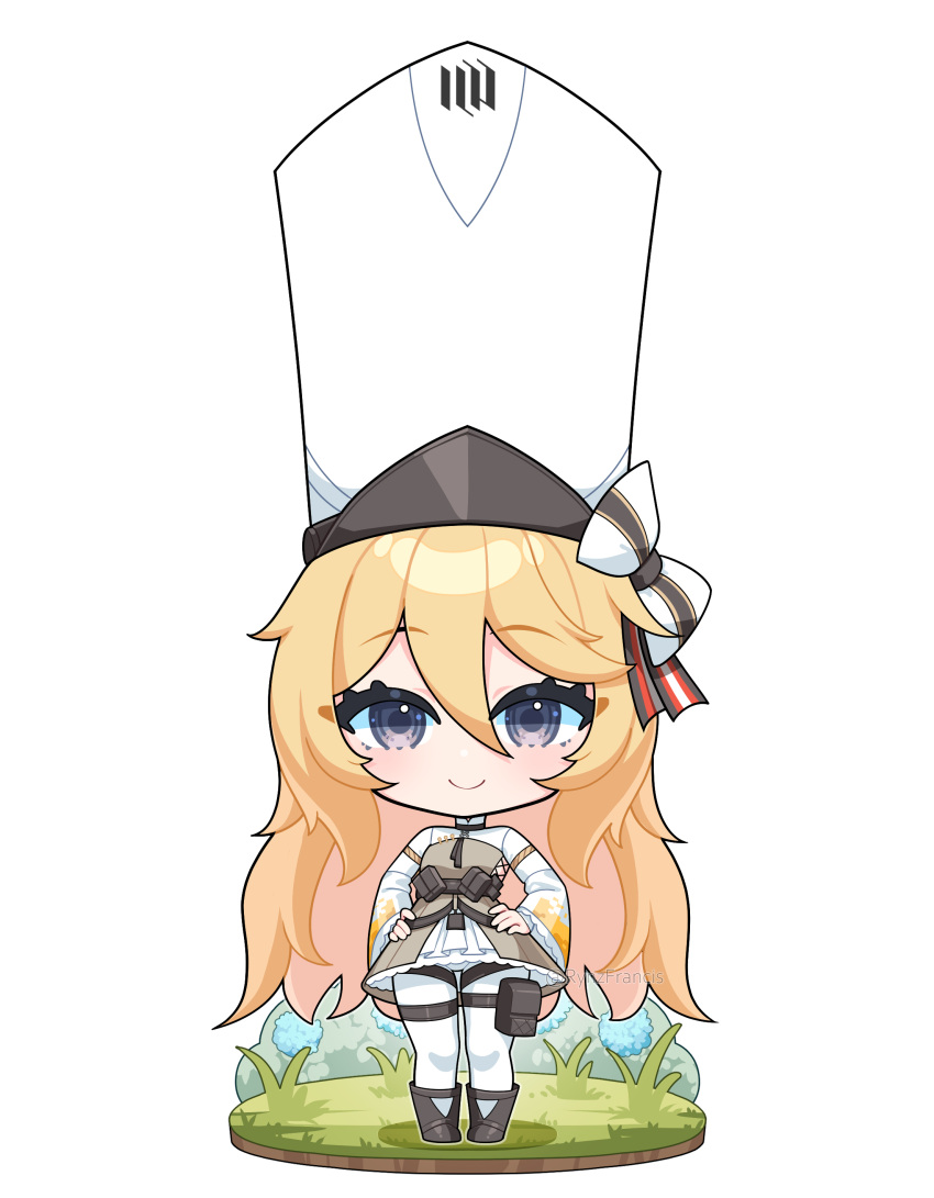 1girl absurdres blonde_hair blue_eyes bow chibi dress frilled_dress frills girls_frontline grass hair_between_eyes hands_on_own_hips highres kolibri_(girls'_frontline) large_hat long_hair looking_at_viewer pantyhose pouch rynzfrancis smile solo thigh_pouch thigh_strap twitter_username very_long_hair white_background white_headwear white_pantyhose wide_sleeves