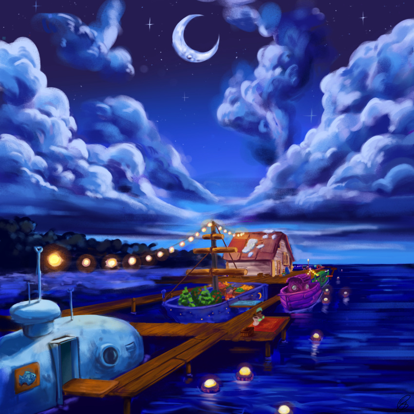 boots building buoy clouds crescent_moon davinciwannabe dock highres lake lights moon night night_sky pier rug scenery sky star_(sky) stardew_valley starry_sky