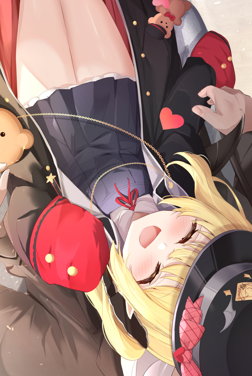 1boy 1girl absurdres black_skirt blonde_hair blue_archive blush closed_eyes commentary_request flasher_(flasher_ura) hat heart hetero highres ibuki_(blue_archive) military_hat open_mouth peaked_cap school_uniform sitting sitting_on_lap sitting_on_person skirt smile solo_focus stuffed_animal stuffed_toy teddy_bear upside-down variant_set