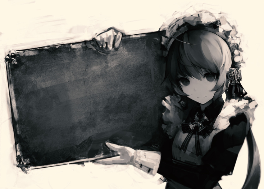 1girl apron bad_id bad_pixiv_id black_shirt closed_mouth cross gloves gyup highres holding long_hair long_sleeves looking_at_viewer maid maid_apron maid_headdress monochrome original puffy_sleeves shirt smile solo upper_body white_gloves