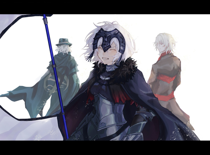 1girl 2boys ^_^ antonio_salieri_(fate) antonio_salieri_(second_ascension)_(fate) armor armored_dress ascot black_cape black_jacket cape chain cloak closed_eyes closed_mouth commentary_request edmond_dantes_(fate) facing_back facing_viewer fate/grand_order fate_(series) fedora flag fur-trimmed_cape fur_trim fuyotan gauntlets green_cloak green_hat grin hair_intakes half_updo hat headpiece highres jacket jeanne_d'arc_alter_(avenger)_(fate) jeanne_d'arc_alter_(fate) letterboxed light_particles looking_back multiple_boys plackart red_ascot red_eyes short_hair simple_background smile standard_bearer wavy_hair white_background white_hair