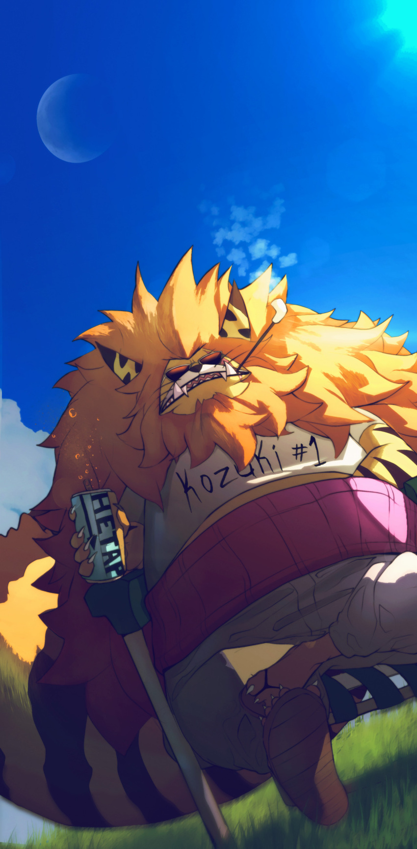 absurdres animal_ears beard blonde_hair blue_sky can cat_boy cat_ears cat_tail claws dragon_ball dragon_ball_z drink drink_can facial_hair fangs funi_xd furry grey_pants hetap_(drink) highres holding holding_drink large_tail mane moon nekomamushi non-circular_lens_flare one_piece pants sandals scar scar_on_face sitting sky smoke smoking smoking_pipe soda_can sunglasses tail triangular_eyewear tusks whiskers