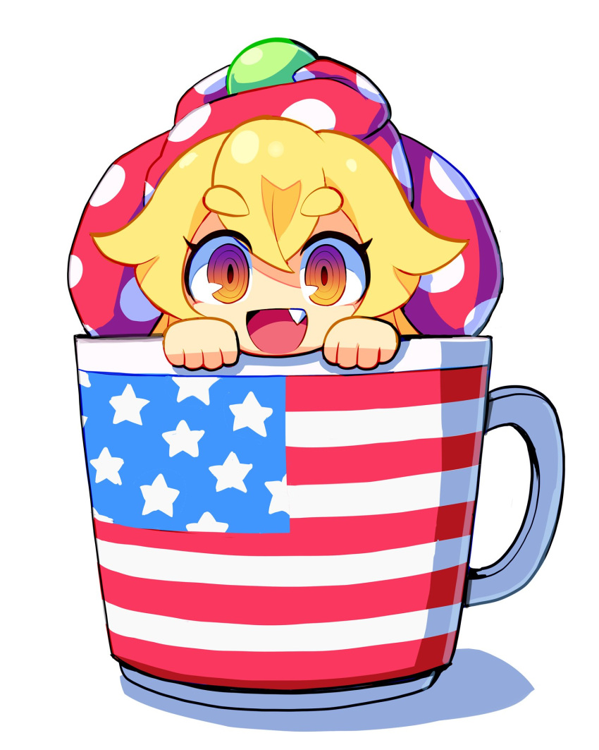 1girl blonde_hair chibi clownpiece coffee_mug cup fang highres long_hair looking_at_viewer mug open_mouth ranka_(tonbo) red_eyes ringed_eyes simple_background smile solo thick_eyebrows touhou white_background