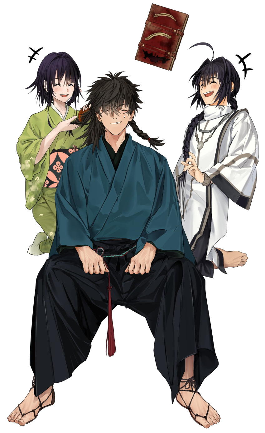 1boy 1girl 1other absurdres adjusting_another's_hair ahoge alternate_hairstyle amulet androgynous barefoot black_hair black_hakama blue_kimono book bracelet braid braided_hair_rings braided_ponytail brushing_hair closed_eyes comb crimson_codex_(fate) fate/samurai_remnant fate_(series) full_body green_kimono hair_intakes hakama highres japanese_clothes jewelry kimono laughing miyamoto_iori_(fate) necklace obi ogasawara_kaya print_kimono samyigong_(mybirthday320) sash sidelocks simple_background single_braid sitting smile socks waraji white_background white_socks yamato_takeru_(fate)