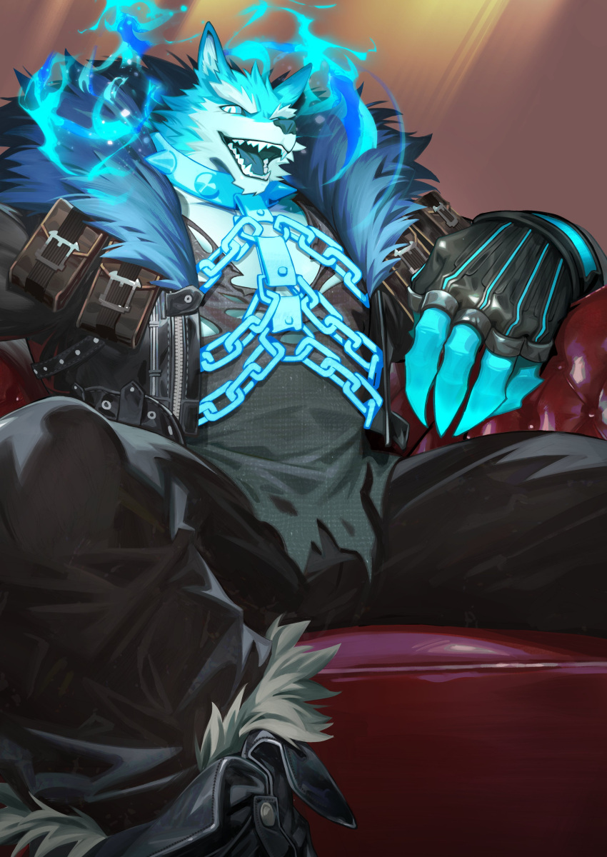 1boy absurdres black_jacket black_pants blue_fire chain claws dislyte english_commentary fangs fingerless_gloves fire fire_body freddy_(dark_wolf)_(fenrir)_(dislyte) fur-trimmed_jacket fur_trim furry furry_male gloves highres jacket looking_at_viewer male_focus neilos official_alternate_costume open_mouth pants shirt sitting smile torn_clothes torn_shirt