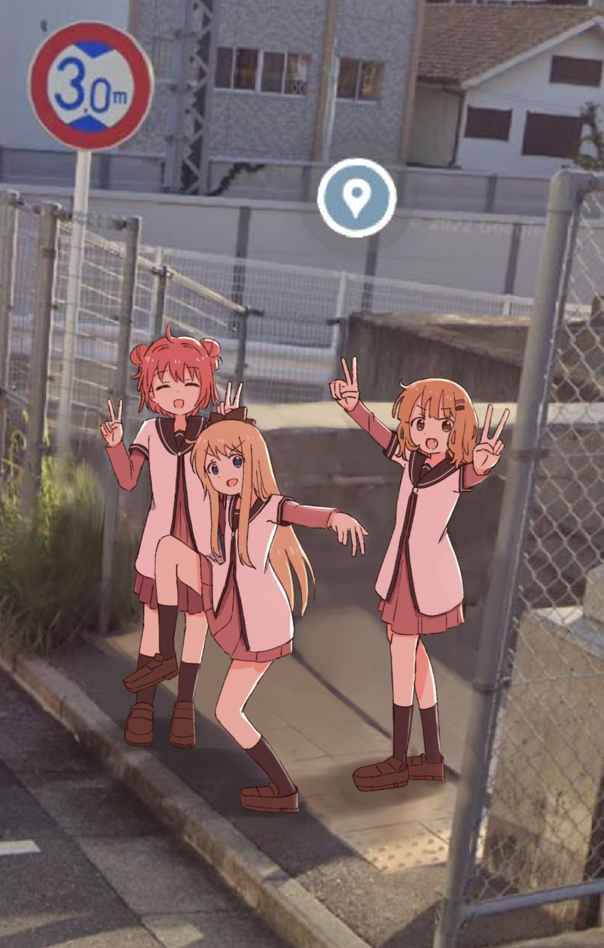 3girls black_sailor_collar black_socks blonde_hair blue_eyes bow brown_eyes brown_footwear chain-link_fence closed_eyes day double_bun double_v dress facing_viewer fence full_body funami_yui google_maps hair_bow hair_bun hair_ornament hairclip high_school_girls_posing_for_google_street_view_(meme) highres loafers long_hair long_sleeves looking_at_viewer meme multiple_girls nanamori_school_uniform oomuro_sakurako open_mouth outdoors photo_background pink_hair ra_ru_ni red_dress sailor_collar school_uniform serafuku shirt shoes short_hair sidelocks sidewalk smile socks standing standing_on_one_leg tactile_paving toshinou_kyouko v white_shirt yuru_yuri