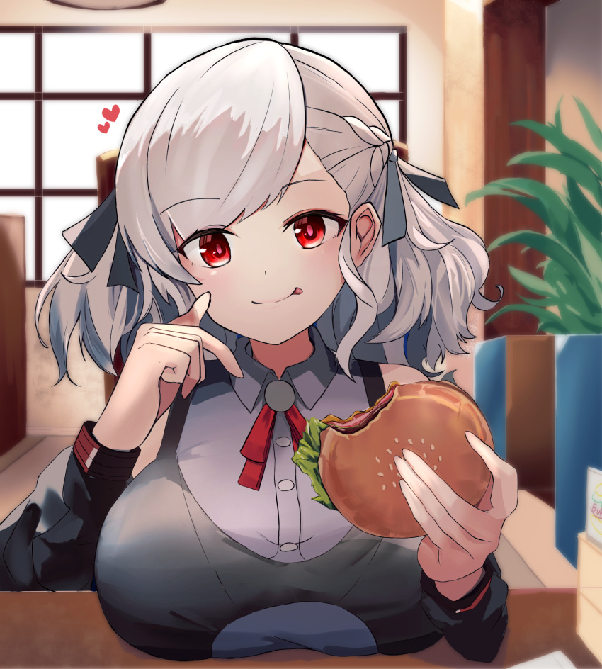 1girl bare_shoulders black_ribbon black_shirt blue_shirt braid breast_rest breasts breasts_on_table burger collared_shirt detached_sleeves food french_braid girls_frontline greyscale hair_ribbon half_updo heart highres holding holding_burger holding_food indoors large_breasts long_hair looking_at_viewer monochrome red_eyes ribbon shirt sleeveless sleeveless_shirt snnm_hb solo spas-12_(girls'_frontline) swept_bangs table twintails wavy_mouth white_hair