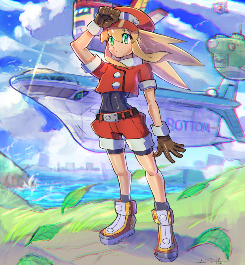 1girl aircraft black_bodysuit blonde_hair blurry blurry_background bodysuit bodysuit_under_clothes boots brown_gloves cabbie_hat clouds cropped_jacket gloves green_eyes hand_on_headwear hand_on_own_head hat highres jacket leaf medium_hair mega_man_(series) mega_man_legends_(series) oomasa_teikoku red_hat red_jacket red_shorts roll_caskett_(mega_man) short_sleeves shorts sidelocks sleeves_rolled_up solo water yellow_footwear