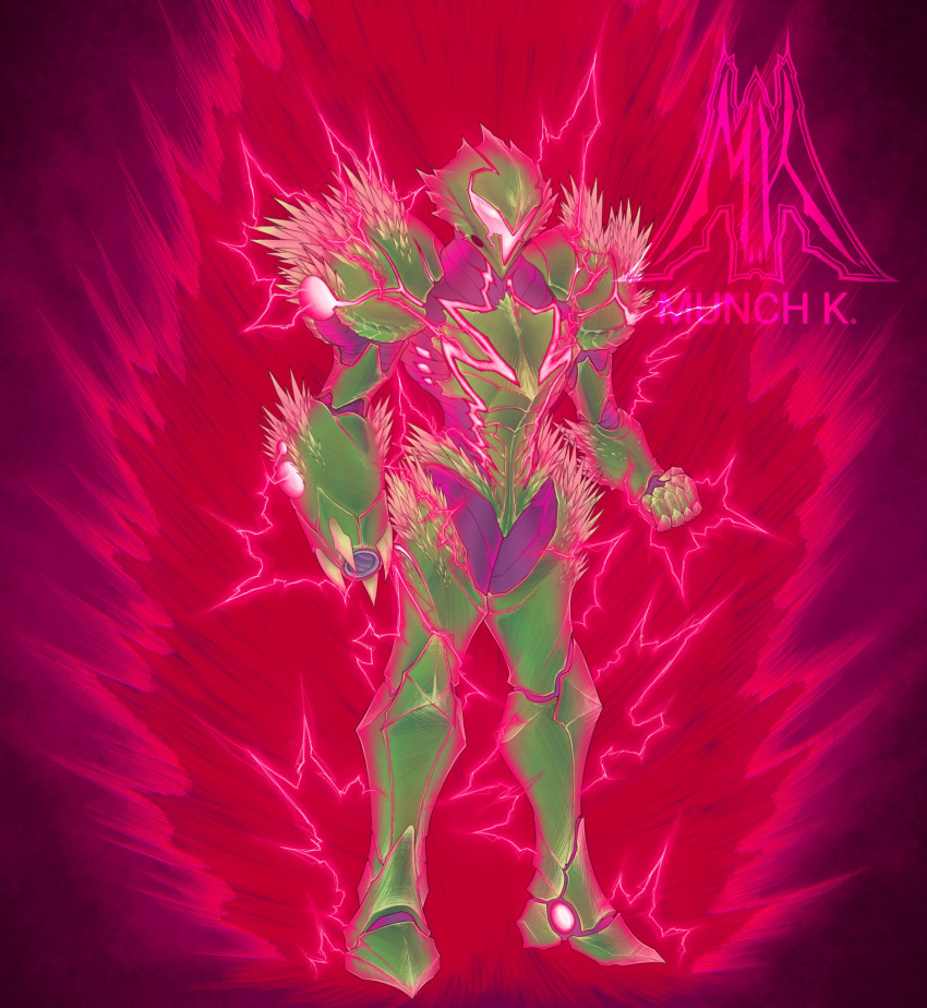 1girl absurdres arm_cannon armor artist_logo artist_name aura biomechanical biopunk carapace clenched_hand dark_aura english_commentary full_body glowing_lines green_armor highres lightning metroid metroid_dread metroid_suit munch_k power_suit power_suit_(metroid) red_aura red_lightning red_visor redesign samus_aran solo spiked_pauldrons spikes spines visor_(armor) weapon