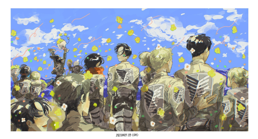 5girls 6+boys annie_leonhart arm_around_shoulder armin_arlert bertolt_hoover blue_kkk_cba blurry bouquet celebration connie_springer depth_of_field eren_yeager forehead from_behind graduation group_picture happy highres holding holding_bouquet jean_kirstein krista_lenz looking_at_viewer looking_back marco_bott mikasa_ackerman military_uniform multiple_boys multiple_girls no_eyes paradis_military_uniform petals reiner_braun sasha_blouse shingeki_no_kyojin uniform ymir_(shingeki_no_kyojin)