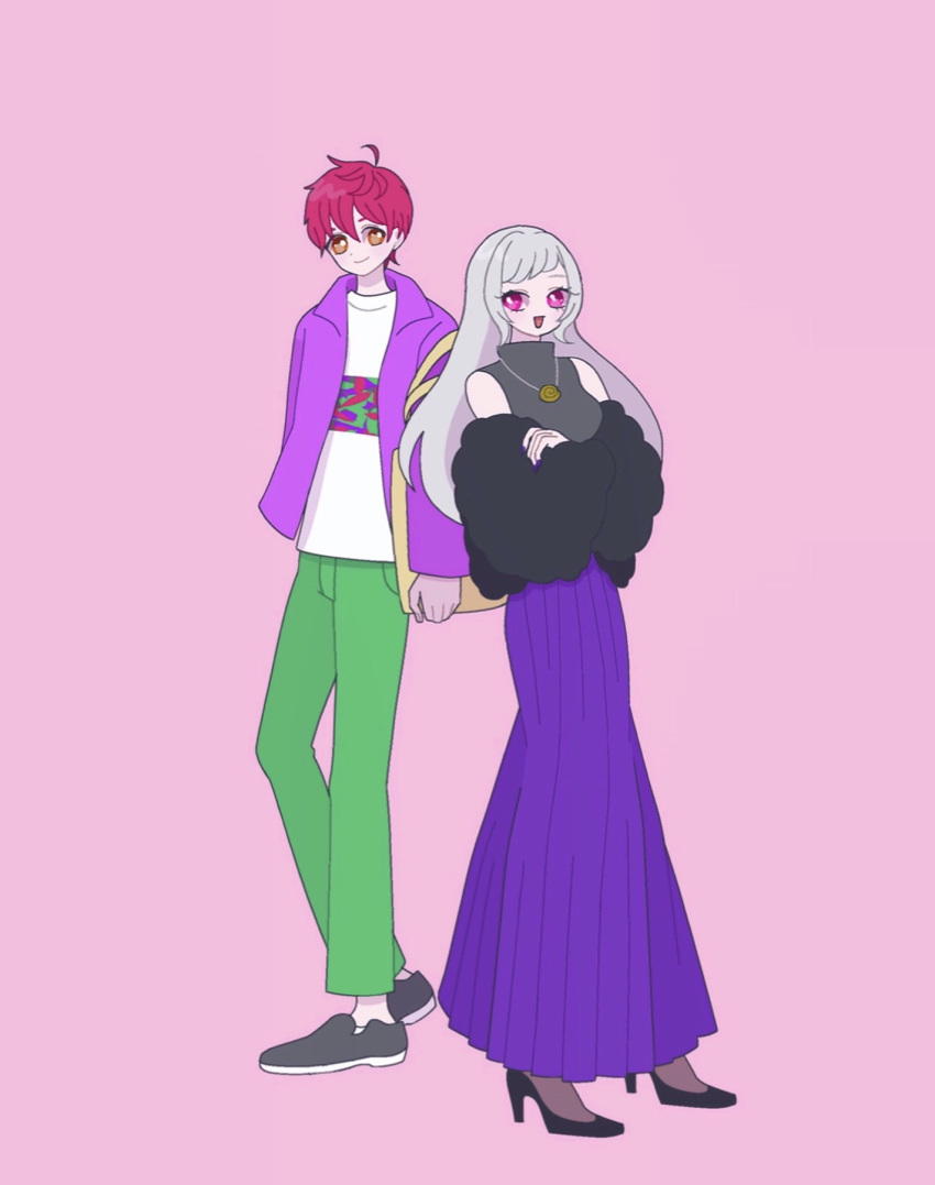 1boy 1girl :d amou_june black_footwear brown_eyes closed_mouth full_body green_pants high_heels highres ikebukuro_ace jacket jewelry king_of_prism long_hair long_skirt long_sleeves looking_at_viewer necklace nyaasechan open_mouth pants pink_background pleated_skirt pretty_rhythm pretty_series purple_jacket purple_skirt redhead shirt shoes short_hair simple_background skirt smile standing white_shirt