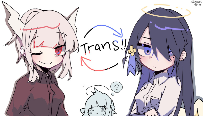 3girls ? @_@ alternate_hair_length alternate_hairstyle angel angel_wings archangel_(helltaker) arm_under_breasts arms_at_sides arrow_(symbol) artist_name azazel_(helltaker) blue_eyes blunt_bangs bob_cut breast_pocket closed_mouth collared_shirt confused cross_hair_ornament crying crying_with_eyes_open demon_girl demon_horns dress_shirt drop_shadow english_text expressionless feathered_wings feathers hair_ornament hair_over_shoulder hair_ribbon hairband hairstyle_switch halo hand_on_own_arm helltaker highres horns long_hair looking_at_viewer lucifer_(helltaker) mole mole_under_eye multiple_girls naneon-aster one_eye_closed parted_lips partially_colored peeking_out pocket red_eyes red_shirt ribbon shirt short_hair sidelocks signature simple_background single_hair_intake smile swept_bangs tears thought_bubble upper_body very_short_hair white_background white_feathers white_hair white_shirt white_wings wings
