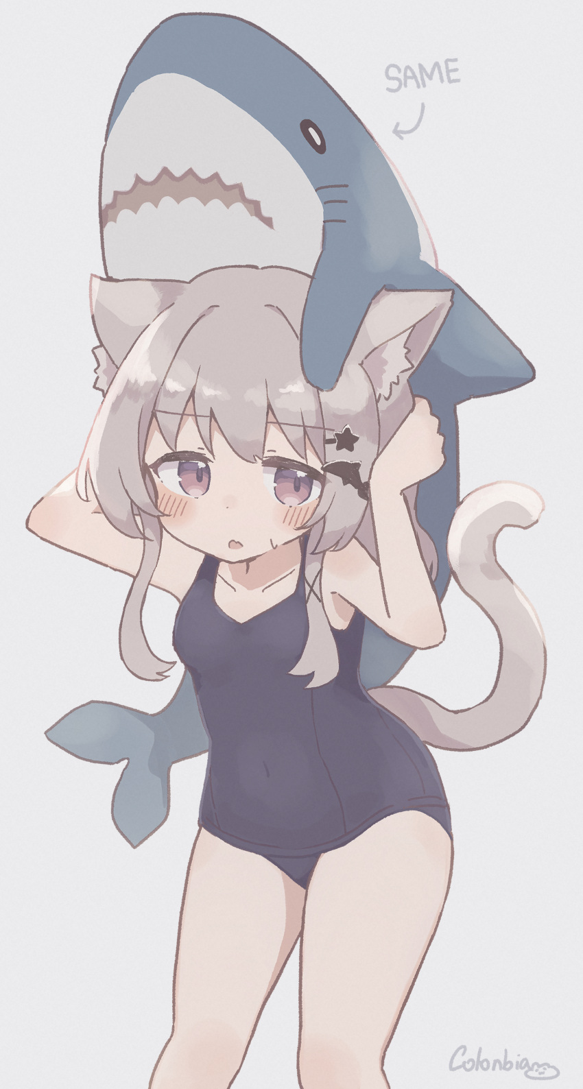 1girl absurdres animal_ears artist_name blue_background brown_hair brown_tail cat_ears cat_girl cat_tail colon_br cowboy_shot highres ikea_shark long_hair original school_swimsuit simple_background solo stuffed_animal stuffed_shark stuffed_toy swimsuit tail violet_eyes