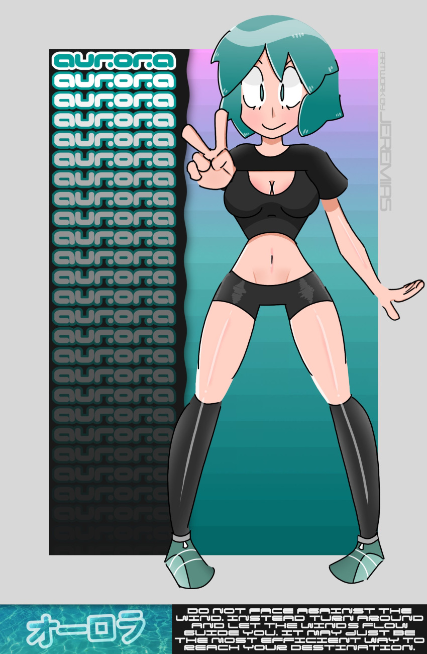 1girl absurdres aurora_(novabreaker) black_shirt black_shorts black_socks border breasts crop_top detached_sleeves double_v english_text full_body gradient_background gradient_hair green_eyes green_footwear green_hair grey_border highres jeremias kneehighs looking_at_viewer midriff multicolored_hair novabreaker shiny_skin shirt shoes short_hair shorts skin_tight smile sneakers socks standing streetwear thighs tight_clothes v water