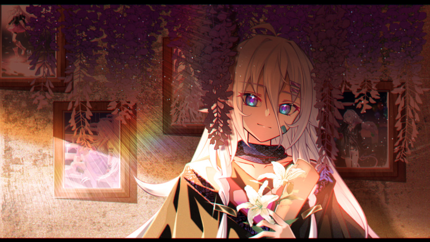 1girl ahoge black_shirt blue_eyes braid closed_mouth collarbone dot_nose flower hair_between_eyes hair_ornament hairclip highres holding holding_flower holding_scroll ia_(vocaloid) light_rays long_hair looking_at_viewer loose_clothes loose_shirt maboroshi_hane picture_frame scroll shirt smile solo sparkle twin_braids very_long_hair vocaloid white_flower white_hair wisteria