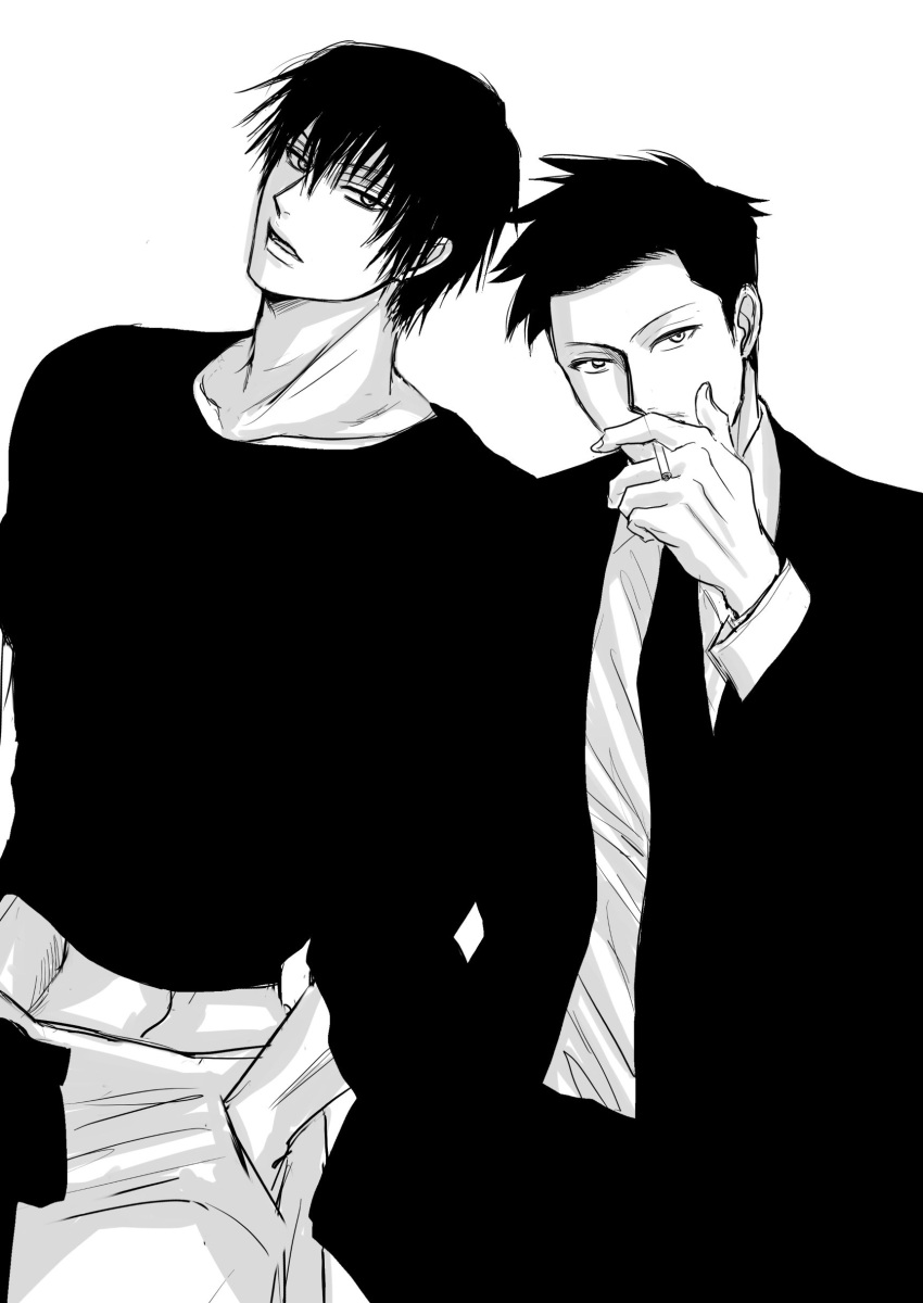 2boys absurdres artist_request black_hair cowboy_shot facial_hair fushiguro_touji greyscale highres jujutsu_kaisen looking_at_viewer male_focus mature_male monochrome multiple_boys muscular muscular_male mustache_stubble pectorals scar scar_on_face scar_on_mouth shiu_kong short_hair side-by-side smoking spiky_hair stubble suit