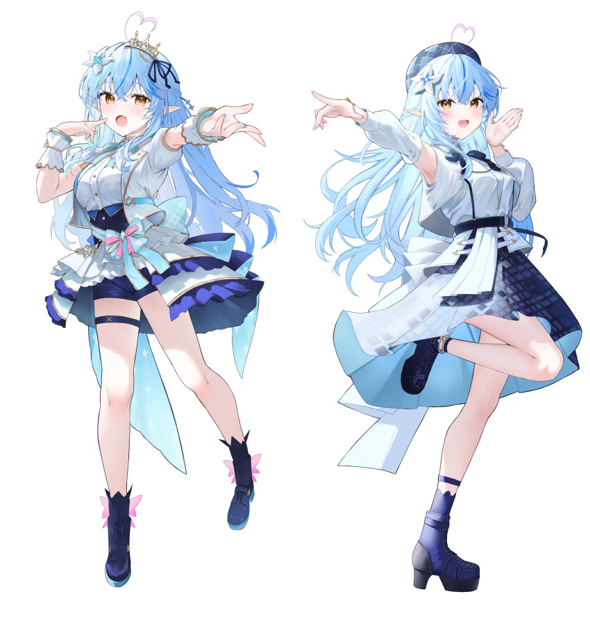 1girl :d absurdres ahoge aki_uzuki3 ankle_boots aqua_bow aqua_bowtie aqua_hair aqua_nails aqua_sash aqua_wrist_cuffs back_bow belt beret blue_belt blue_corset blue_footwear blue_hair blue_hat blue_journey_(hololive) blue_ribbon blue_shorts blue_skirt boots bow bowtie bracelet brooch collared_shirt colored_tips commentary commentary_request corset crown detached_sleeves double-parted_bangs dress_shirt elf fang finger_to_own_chin flower frilled_skirt frills full_body glowstick gold_trim hair_between_eyes hair_flower hair_ornament hair_ribbon half-skirt hand_up hat heart heart_ahoge high-low_skirt high_heel_boots high_heels highres hololive hololive_idol_uniform_(bright) idol idol_clothes jacket jewelry large_bow layered_skirt leg_up long_hair mini_crown multicolored_hair neck_ribbon o-ring o-ring_belt official_alternate_costume open_clothes open_jacket open_mouth outstretched_arm overskirt pink_bow plaid_headwear platform_footwear pointing pointing_forward pointy_ears puffy_detached_sleeves puffy_short_sleeves puffy_sleeves reaching ribbon sash_bow shirt short_sleeves shorts simple_background skin_fang skirt sleeveless sleeveless_shirt smile solo standing standing_on_one_leg streaked_hair striped_sash two-sided_fabric two-sided_skirt variations vest virtual_youtuber white_background white_jacket white_shirt white_skirt white_vest white_wrist_cuffs wrist_cuffs yellow_eyes yukihana_lamy