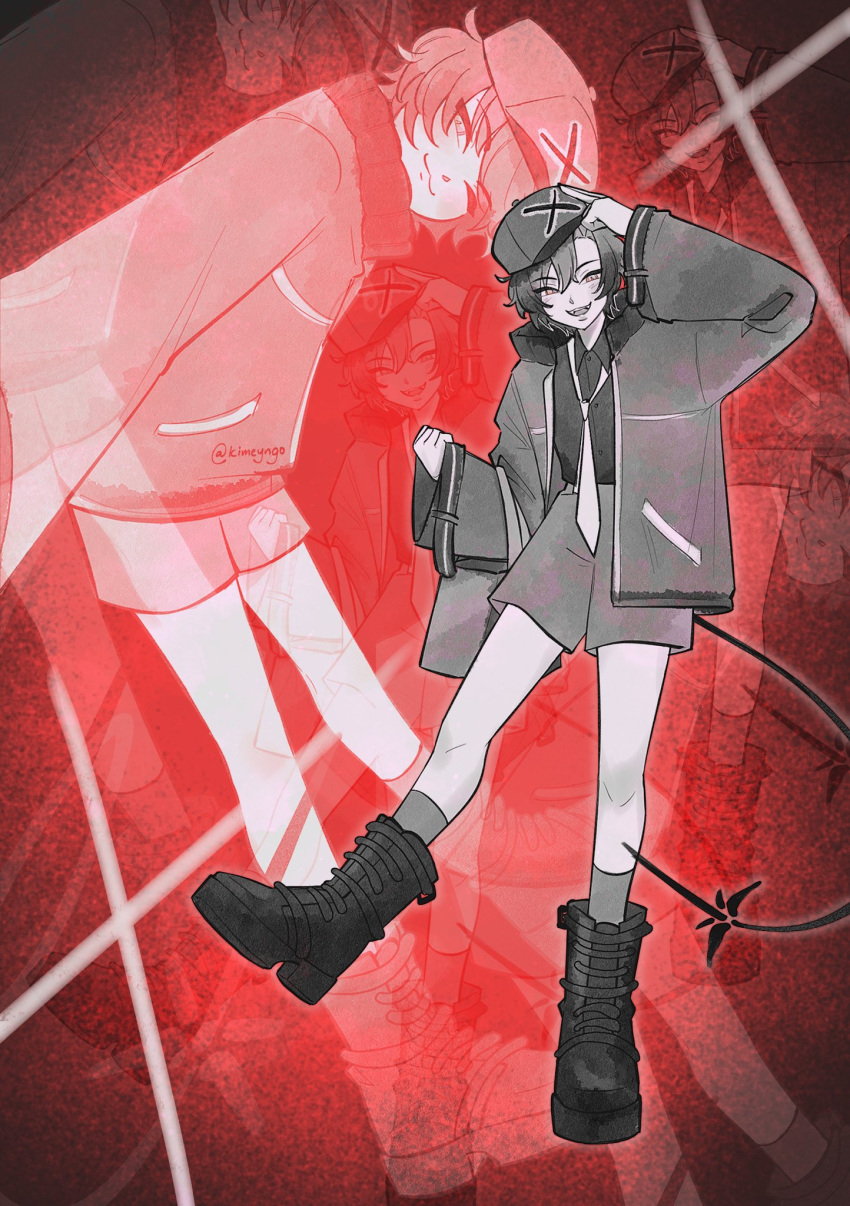 1boy :3 boots commentary full_body greyscale_with_colored_background hair_between_eyes hat highres holostars holostars_english jacket kimeyngo kneehighs long_sleeves looking_at_viewer machina_x_flayon male_focus mechanical_tail multiple_views one_eye_closed open_clothes open_jacket red_background short_hair shorts smile socks solo standing standing_on_one_leg symbol-only_commentary tail twitter_username virtual_youtuber