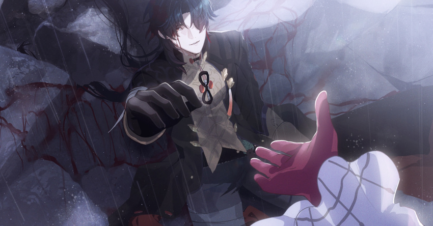 1boy 1girl bandages_over_clothes black_gloves black_sleeves blade_(honkai:_star_rail) blood blood_on_face chest_sarashi chinese_clothes female_pov gloves grey_pants hair_over_one_eye highres honkai:_star_rail honkai_(series) kafka_(honkai:_star_rail) male_focus on_floor open_hand pants parted_bangs pov purple_gloves rain sarashi sitting upper_body white_sleeves zassyoku_dd