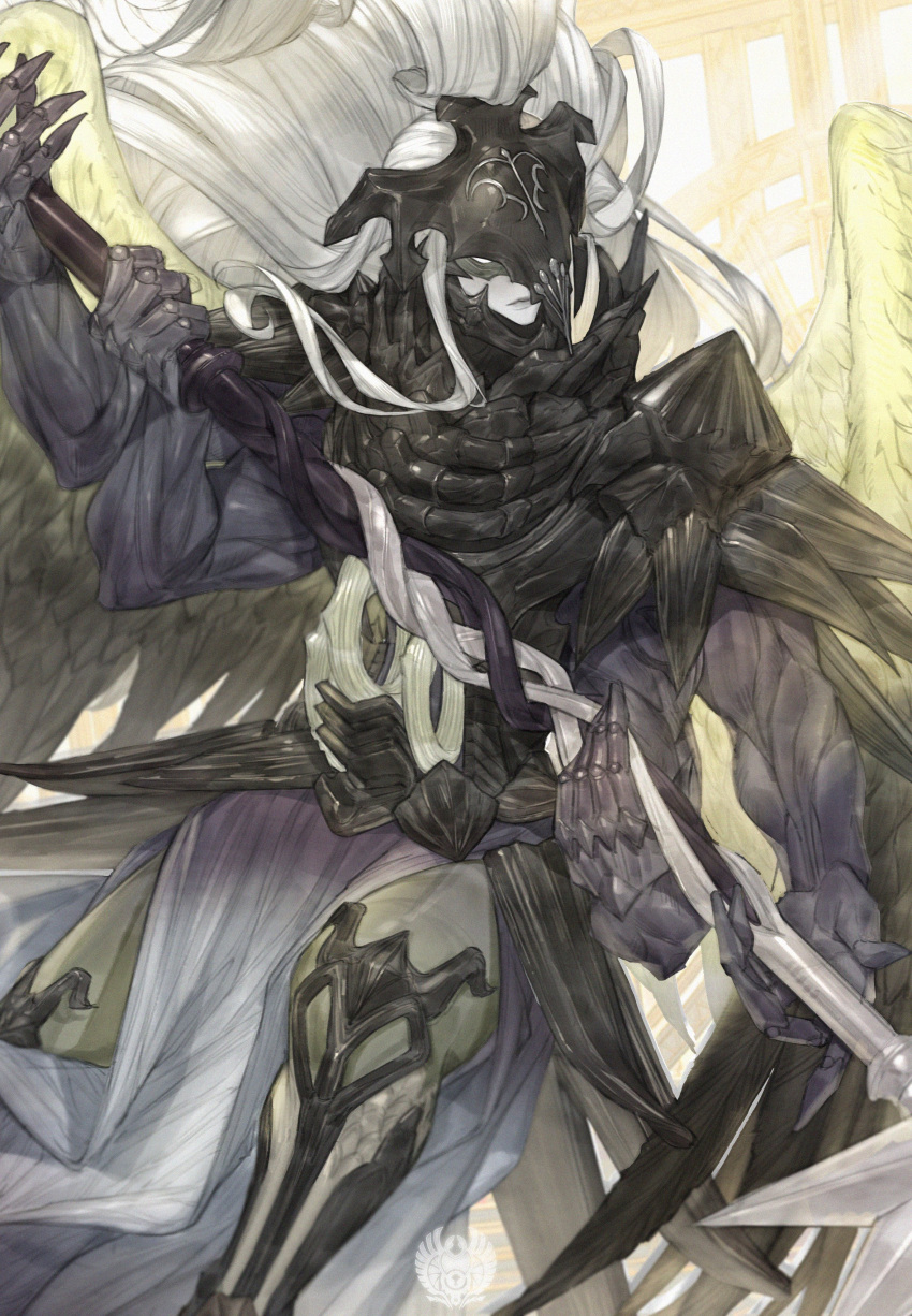 1boy absurdres angel_wings armor closed_mouth extra_arms final_fantasy final_fantasy_xiv grey_pants helmet highres holding holding_polearm holding_weapon long_hair male_focus pants pauldrons pelvic_curtain polearm shoulder_armor solo spear themis_(boss)_(ff14) themis_(ff14) tladpwl03 weapon white_hair wings