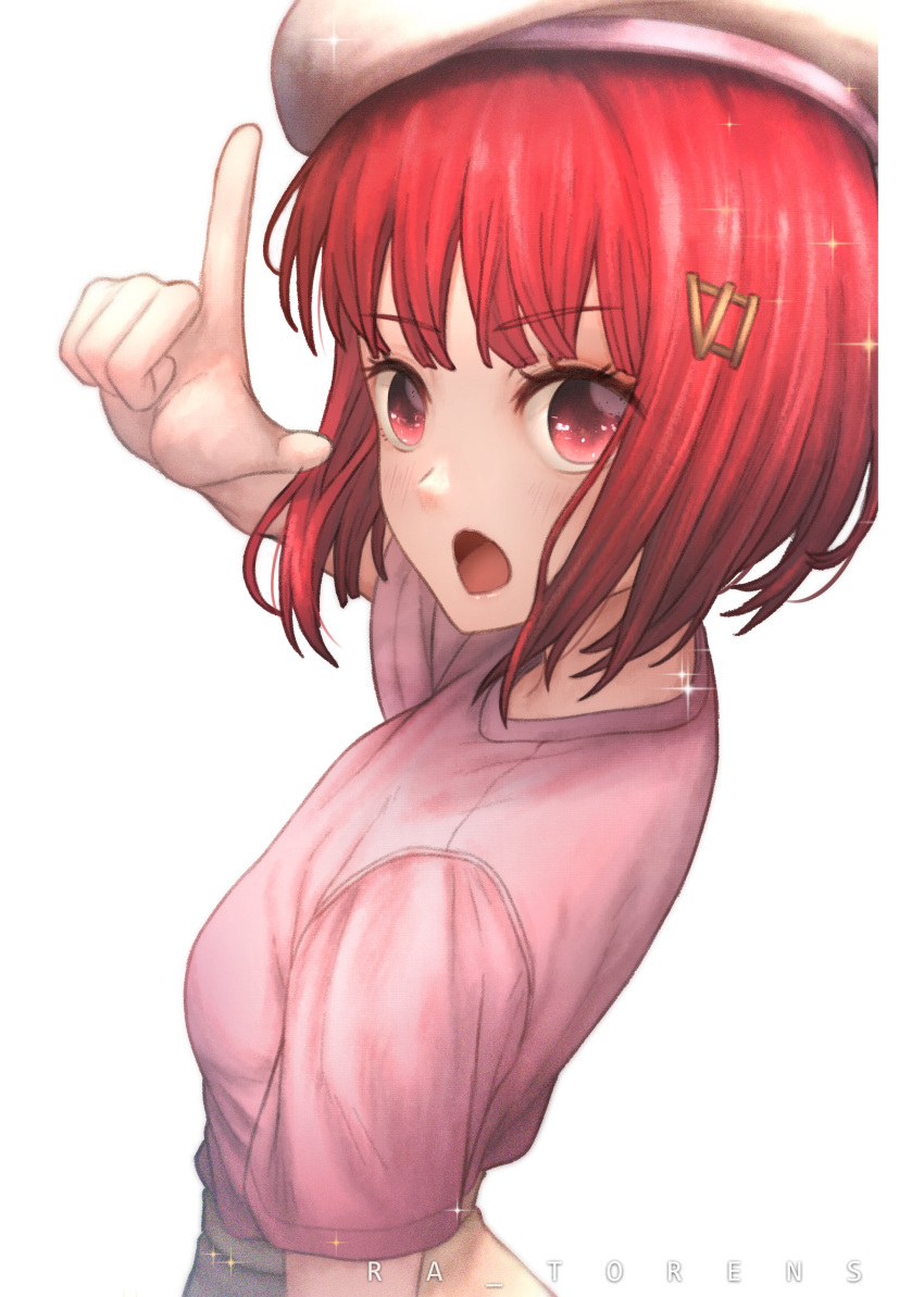 1girl absurdres arima_kana beret bob_cut hat highres inverted_bob looking_at_viewer open_mouth oshi_no_ko pink_shirt ra_torens red_eyes redhead shirt short_hair simple_background solo upper_body white_background