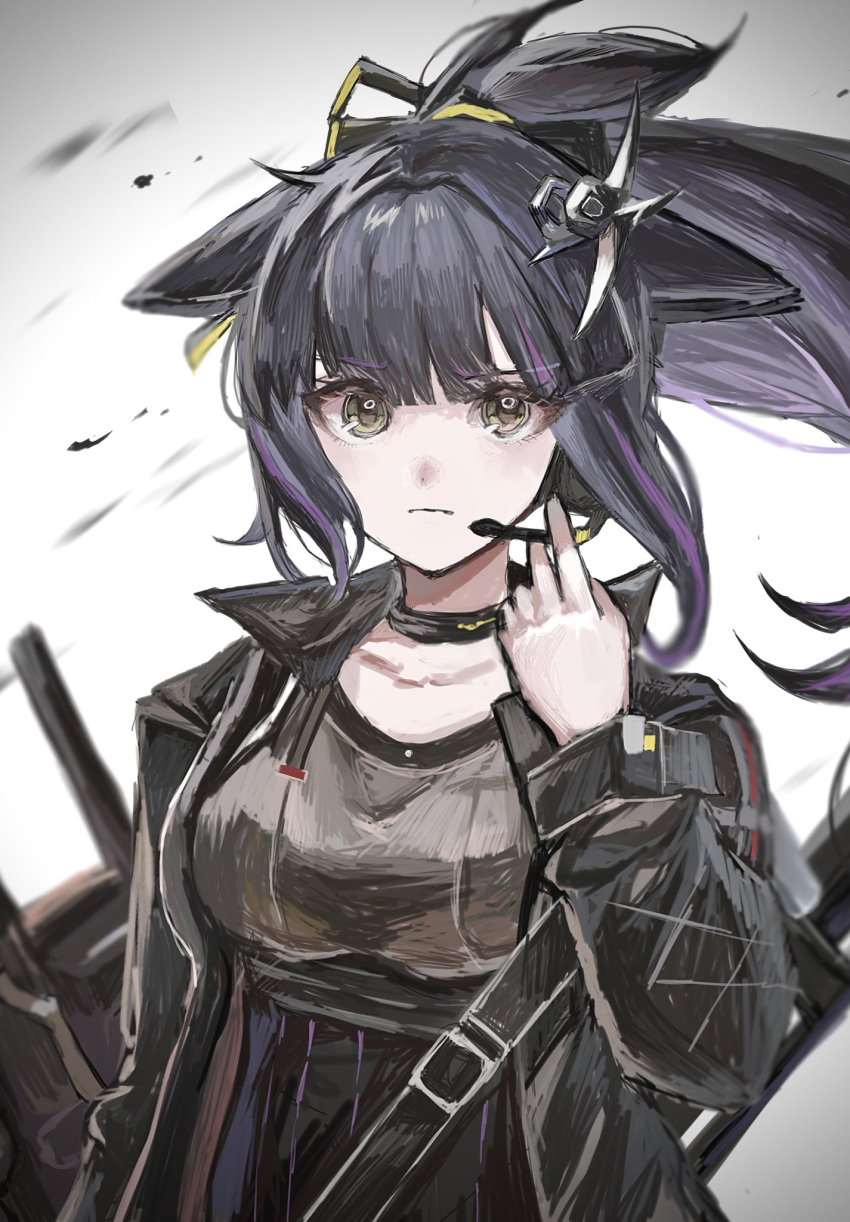 1girl :| arknights arm_at_side black_eyes black_jacket black_ribbon black_shirt breasts closed_mouth collarbone floating_hair hair_ribbon hakaimoufu hand_on_headwear headset high_ponytail highres jacket jessica_(arknights) large_breasts long_hair long_sleeves looking_at_viewer open_clothes open_jacket purple_hair ribbon serious shirt sidelocks simple_background solo upper_body white_background