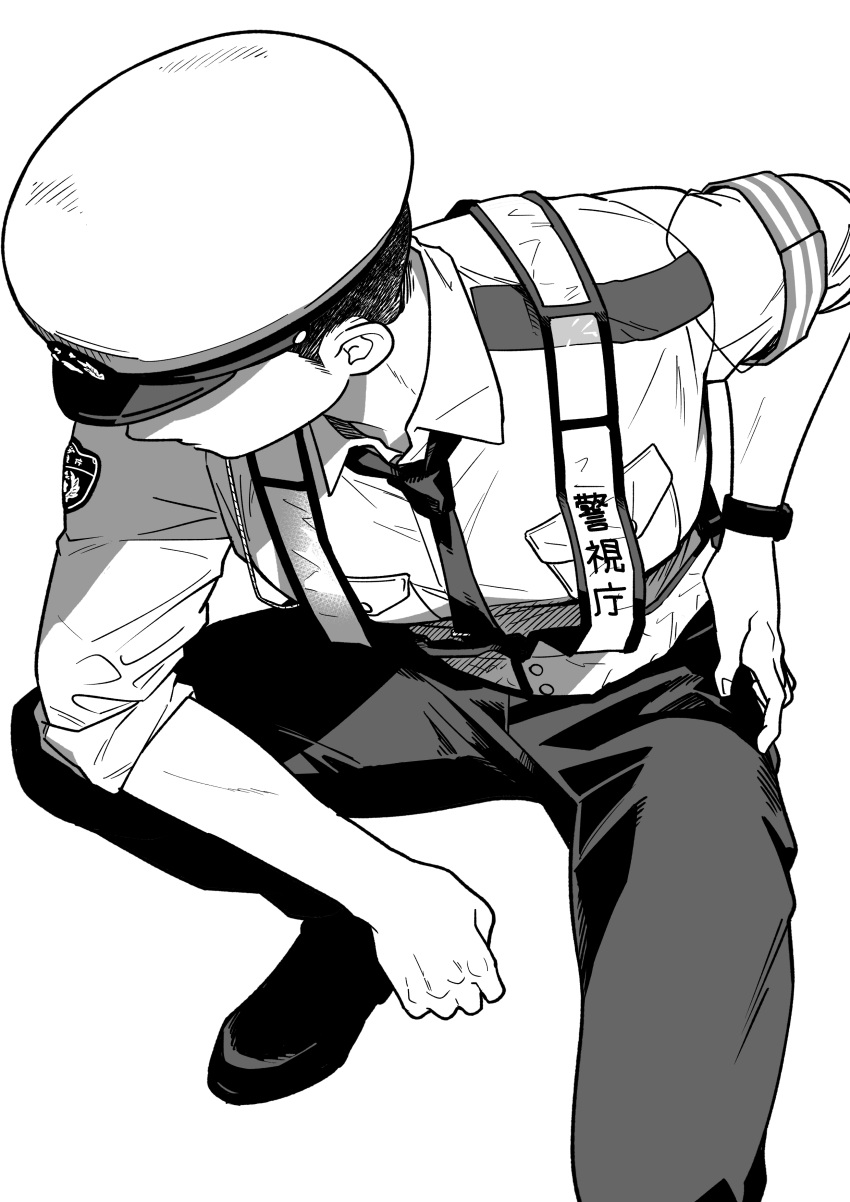 1boy absurdres arm_on_knee armband black_necktie black_pants collared_shirt covered_eyes from_above greyscale hand_on_own_hip hat head_down highres kamenreon1213 leaning_forward male_focus monochrome necktie original pants police police_hat police_uniform shirt short_hair simple_background sleeves_rolled_up solo squatting uniform watch watch white_shirt