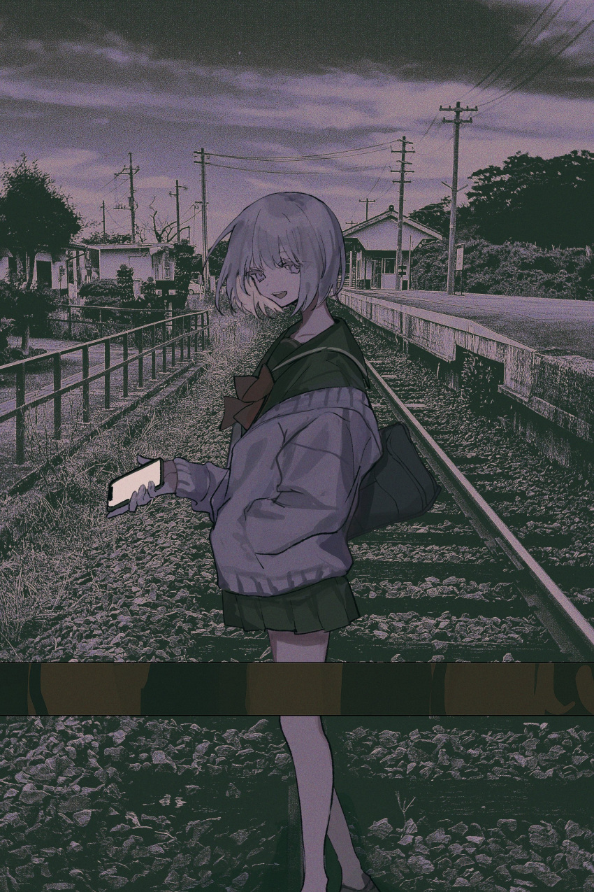 1girl :d absurdres bag black_serafuku bush cardigan clouds cloudy_sky collarbone feet_out_of_frame film_grain fingernails from_side grass grey_eyes grey_hair hand_in_pocket hand_up head_tilt highres holding holding_phone house long_sleeves looking_at_viewer medium_hair miniskirt muted_color night off_shoulder open_mouth original outdoors oversized_clothes phone photo_background power_lines railing railroad_crossing railroad_tracks red_ribbon ribbon rock sailor_collar scenery school_uniform serafuku shoulder_bag si_(wooupp) skirt sky smile solo standing teeth tree upper_teeth_only utility_pole vanishing_point wind