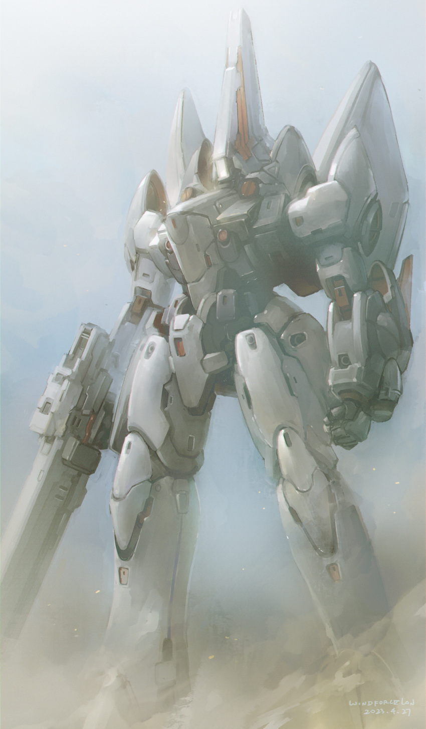 arms_at_sides artist_name beam_rifle chinese_commentary clenched_hand clouds cloudy_sky commentary_request dated day desert energy_gun full_body gun gundam gundam_wing highres holding holding_gun holding_weapon legs_apart mecha mecha_focus mobile_suit no_humans outdoors robot science_fiction sky solo taurus_(mobile_suit) weapon windforcelan