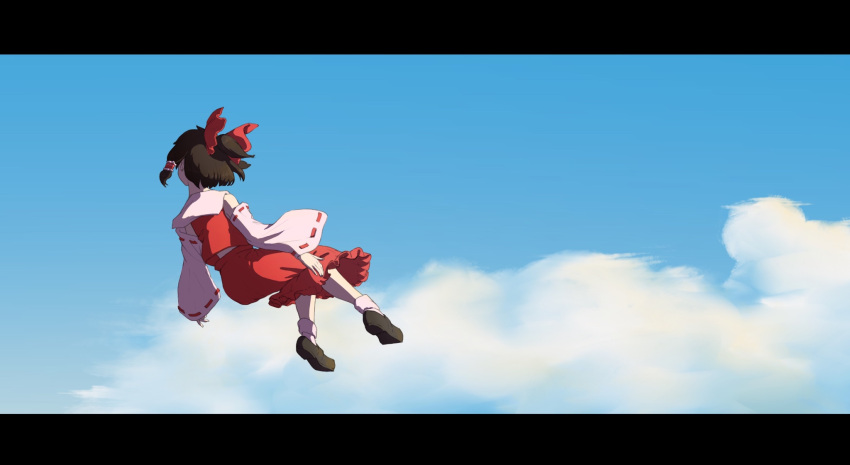 1girl as_scolipede black_footwear black_hair blue_sky bow clouds detached_sleeves flying frilled_hair_tubes frills full_body hair_bow hair_tubes hakurei_reimu high_ponytail highres letterboxed loafers open_mouth red_bow red_shirt red_skirt ribbon-trimmed_sleeves ribbon_trim shirt shoes short_hair short_ponytail skirt skirt_set sky socks solo touhou white_sleeves white_socks wide_sleeves