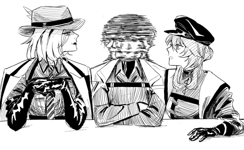 3girls afterimage chest_strap chief_(path_to_nowhere) closed_mouth coat coat_on_shoulders collared_shirt commentary_request crossed_arms fedora female_chief_(path_to_nowhere) gloves greyscale hat highres isakuu langley_(path_to_nowhere) looking_at_another medium_hair monochrome motion_blur multiple_girls necktie nightingale_(path_to_nowhere) own_hands_together path_to_nowhere shirt sitting smile the_weaker_sex_1_(gibson) upper_body