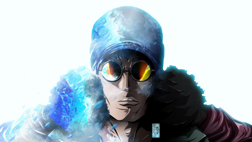 1boy artist_name bandana black_hair blue_bandana commentary curly_hair english_commentary glasses highres ice jayto91 kuzan_(aokiji) looking_at_viewer male_focus one_piece open_mouth round_eyewear short_hair signature simple_background solo teeth white_background