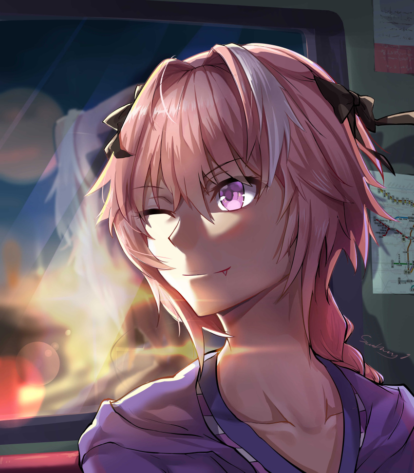 1boy absurdres anachronism astolfo_(fate) black_bow bow collarbone fang fate/apocrypha fate/grand_order fate_(series) highres hood hoodie kaer_sasi_dianxia long_hair low-braided_long_hair low-tied_long_hair male_focus map neck one_eye_closed otoko_no_ko pink_hair purple_hoodie reflection reflection_in_the_window shirt smile solo striped_clothes striped_shirt sunrise train train_interior white_hair