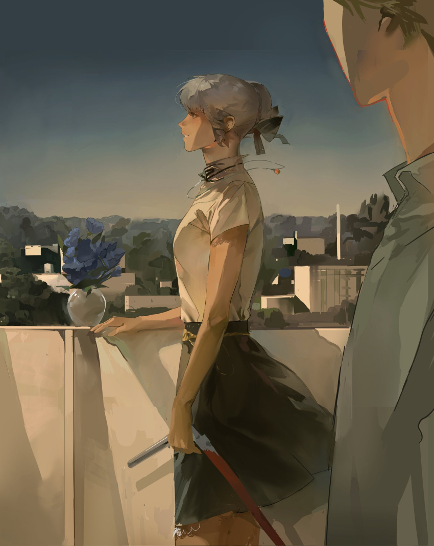 1boy 1girl arm_rest black_skirt blue_flower closed_mouth flower from_side gba_dod grey_hair hair_bun highres holding holding_weapon jewelry necklace original outdoors parted_lips profile railing ribbon shirt short_hair short_sleeves single_hair_bun skirt sky solo_focus vase weapon white_shirt