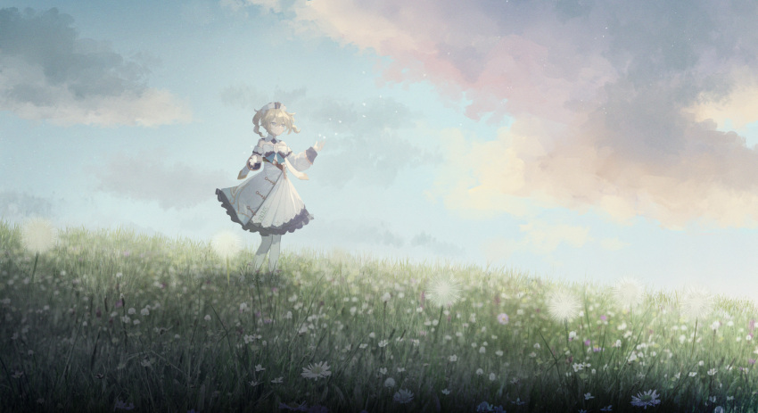 1girl artist_name barbara_(genshin_impact) bare_shoulders blonde_hair blue_eyes blue_sky bow closed_mouth clouds cloudy_sky commentary_request cross cross_print dandelion dandelion_clock dandelion_seed day detached_collar detached_sleeves dress drill_hair field flower flower_field frilled_dress frills genshin_impact gloves grass hair_between_eyes hands_up hat highres holding holding_flower long_sleeves medium_hair outdoors pantyhose scenery sidelocks sky sleeve_cuffs solo someaka standing strapless strapless_dress twin_drills white_bow white_dress white_flower white_gloves white_hat white_pantyhose white_sleeves