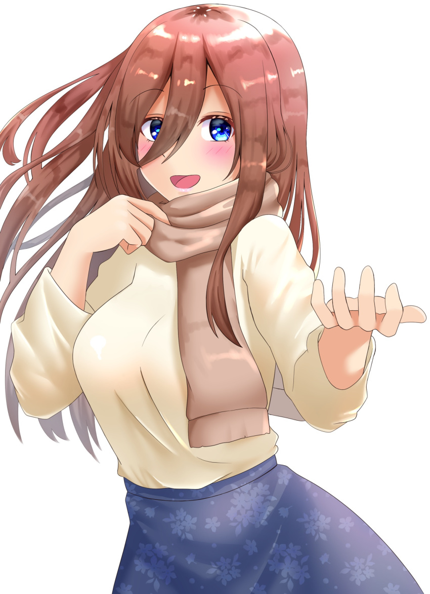 1girl :d blue_eyes blue_skirt breasts brown_hair brown_scarf commentary_request go-toubun_no_hanayome highres large_breasts long_hair long_hair_between_eyes long_sleeves looking_at_viewer nakano_miku nishiwaki_rui_(gfew5483) reaching reaching_towards_viewer scarf shirt_tucked_in skirt smile solo sweater white_background white_sweater