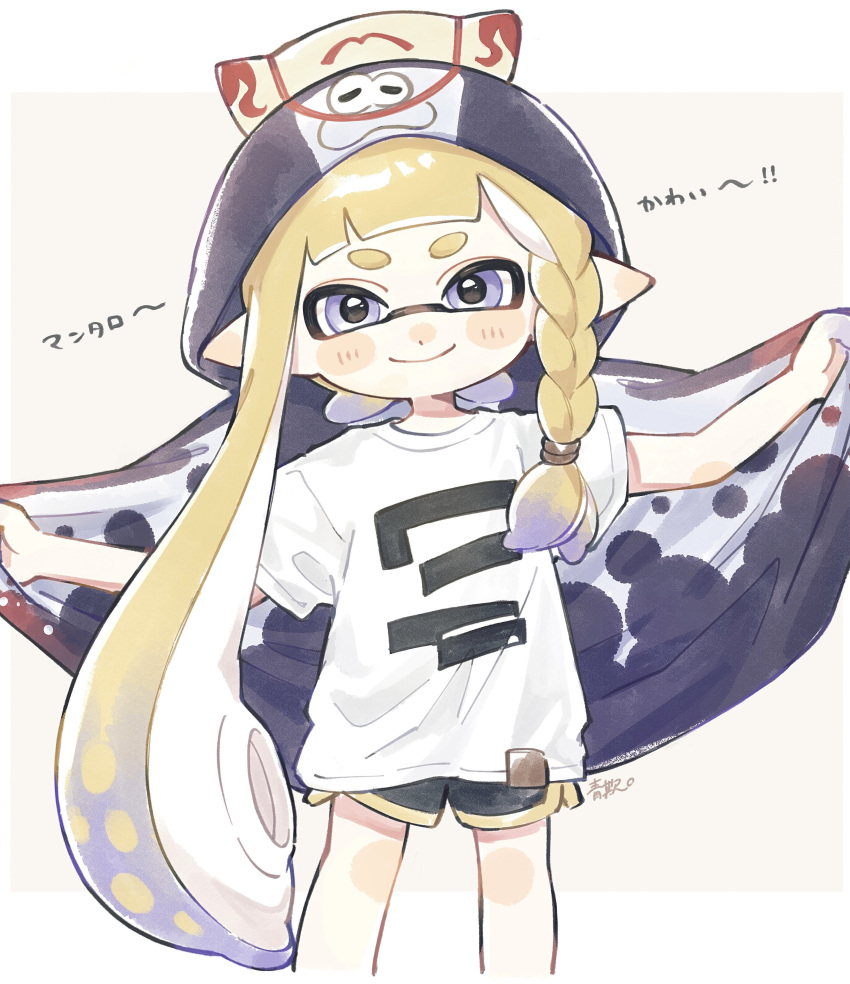 1girl absurdres aoaza_83 asymmetrical_legwear big_man_(splatoon) big_man_(splatoon)_(cosplay) black_shorts blonde_hair blue_eyes blue_hair blush braid closed_mouth commentary_request cosplay cropped_legs dolphin_shorts gradient_hair highres hood hood_up inkling_girl inkling_player_character long_hair looking_at_viewer multicolored_hair pointy_ears print_shirt shirt short_sleeves shorts single_braid smile solo splatoon_(series) splatoon_3 tentacle_hair translation_request two-tone_hair very_long_hair white_shirt yellow_trim