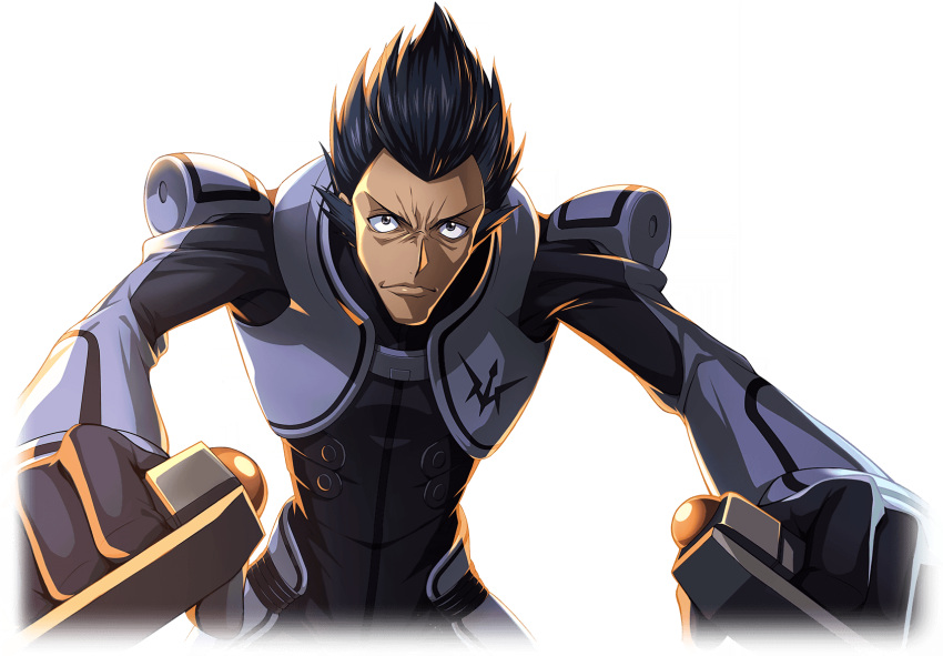 1boy armor artist_request backlighting black_bodysuit black_hair bodysuit closed_mouth code_geass code_geass:_lost_stories cropped_torso forehead furrowed_brow game_cg grey_eyes grey_vest highres leaning_forward male_focus non-web_source official_art outstretched_arms piloting serious short_hair shoulder_armor simple_background solo spiky_hair transparent_background upper_body urabe_kousetsu v-shaped_eyebrows vest