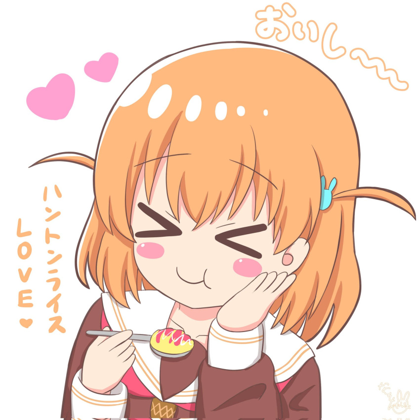 &gt;_&lt; 1girl blush_stickers brown_dress chewing closed_eyes collarbone commentary_request corrupted_twitter_file crossed_bangs dress hair_ornament hasu_no_sora_school_uniform heart heart_hands heart_hands_duo highres hinoshita_kaho holding holding_spoon light_smile link!_like!_love_live! long_sleeves love_live! medium_hair nakoson neckerchief orange_hair rabbit_hair_ornament red_neckerchief sailor_collar sailor_dress school_uniform solo spoon translation_request two_side_up virtual_youtuber white_sailor_collar winter_uniform