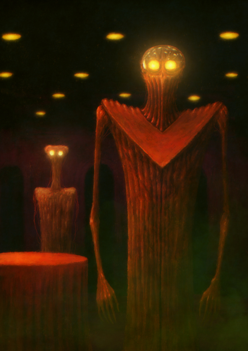 2others absurdres glowing glowing_eyes guru highres indoors lights long_arms long_neck looking_at_viewer multiple_others no_humans original red_theme reflection table yellow_light