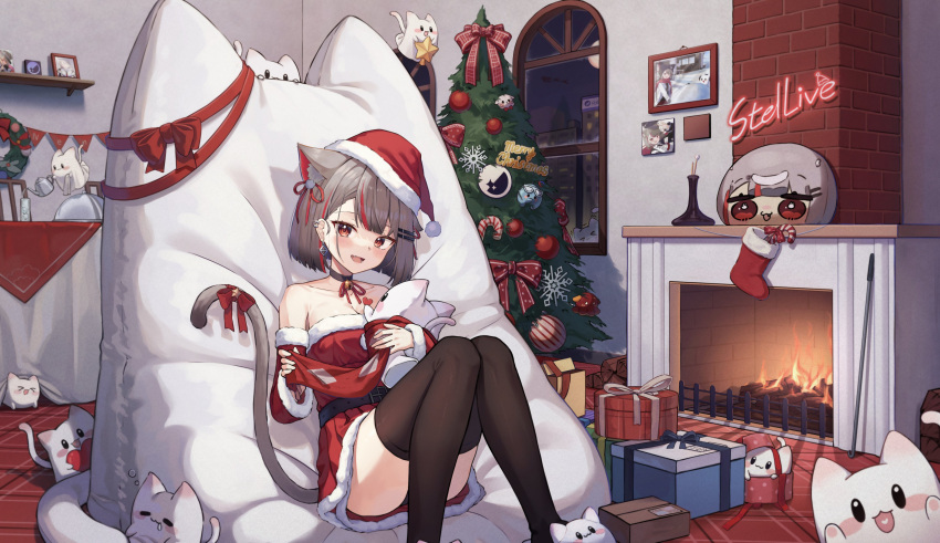 &gt;_&lt; 1girl :3 :d absurdres animal_ears bean_bag_chair black_choker black_thighhighs box breasts candy candy_cane cat_ears cat_girl cat_tail choker christmas christmas_ornaments christmas_present christmas_stocking christmas_tree creature detached_sleeves dress fang fire fireplace food gift gift_box grey_hair hat heart highres holding holding_creature indoors large_breasts lkjun_(jg010118) maro_(neneko_mashiro) merry_christmas multicolored_hair neneko_mashiro night open_mouth photo_(object) picture_frame plate pouring red_dress red_eyes redhead saliva santa_dress santa_hat serving_dome short_dress short_hair sitting sleeping smile stellive streaked_hair table tail teapot thigh-highs two-tone_hair virtual_youtuber window