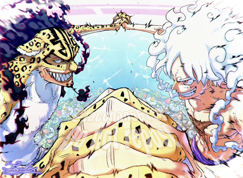 2boys alternate_form black_hair claws gear_fifth highres holding_hands leopard_boy looking_at_another male_focus midair monkey_d._luffy multiple_boys muscular muscular_male one_piece purple_sash red_eyes rob_lucci sash scar scar_on_chest scar_on_face sharp_teeth signature smile steam tacchan56110 teeth topless_male white_hair