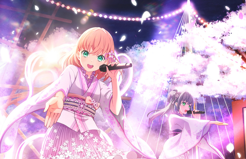 2girls :d aqua_eyes cherry_blossoms crossed_bangs falling_petals floral_print_kimono flower game_cg green_eyes hair_bun hair_flower hair_ornament highres hinoshita_kaho holding holding_microphone japanese_clothes kimono lens_flare lens_flare_abuse link!_like!_love_live! long_hair looking_at_viewer love_live! medium_hair microphone multiple_girls night night_sky obi official_art open_mouth orange_hair otomune_kozue ouka_ranman_(love_live!) outstretched_arm petals pink_kimono pink_petals pink_sash pink_skirt purple_hair sash side_ponytail sidelocks single_side_bun skirt sky smile solo_focus teeth third-party_source two_side_up upper_teeth_only virtual_youtuber wide_sleeves
